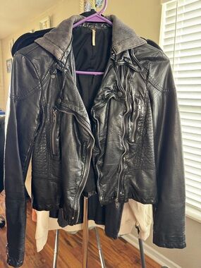 Black Women's FREE PEOPLE Faux Leather Moto Jacket with removable Hood